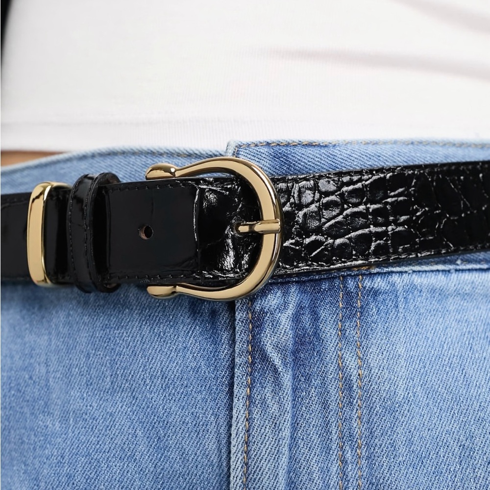 & Other Stories Italian Leather Belt in Black Croc Embossed